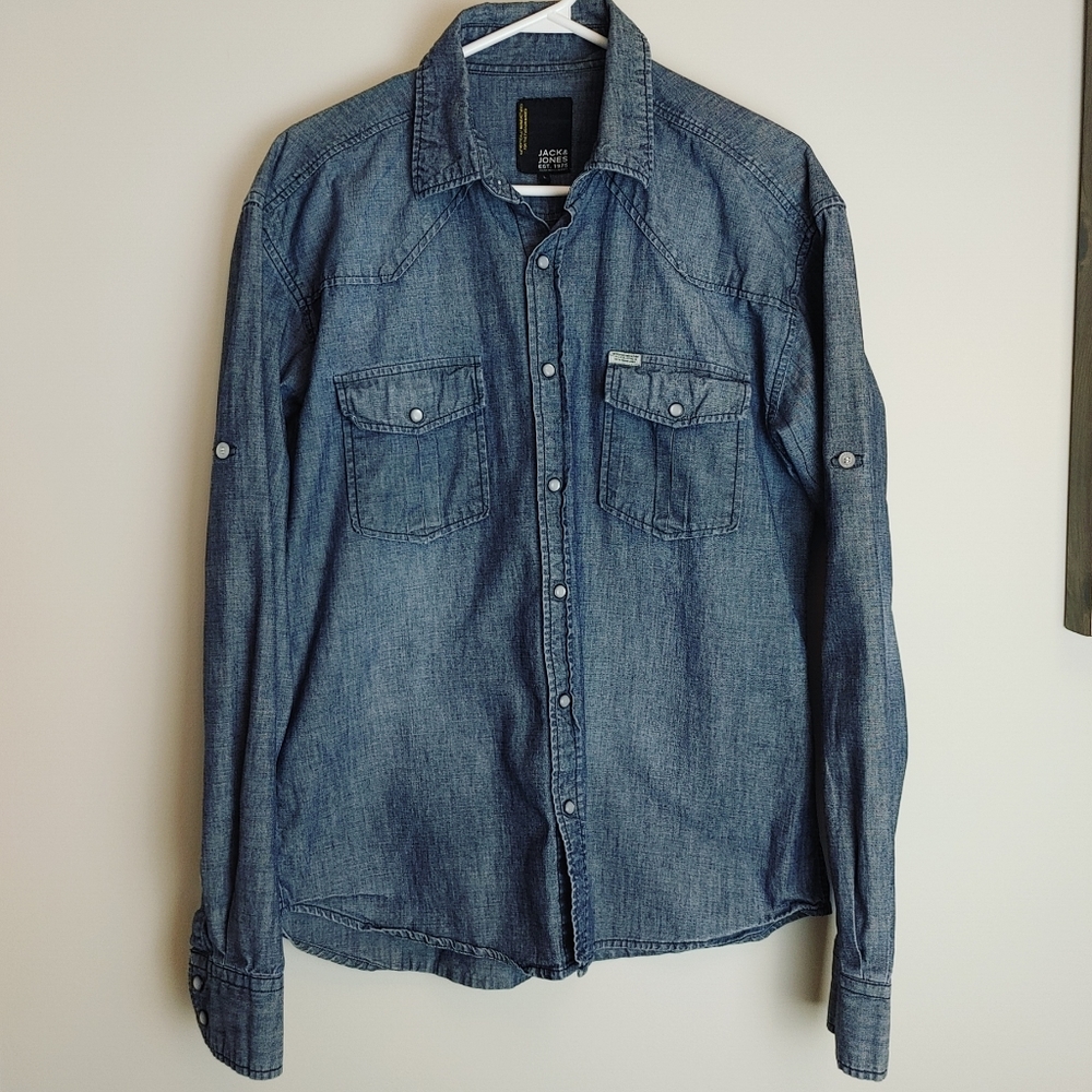 Jack Jones Men's Sz L Blue Denim Shirt Long Sleeve w Pockets